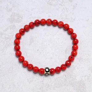 Elastic 6mm Genuine Coral Beaded Bracelet with Vintage Evil Eye 8mm Black Bead