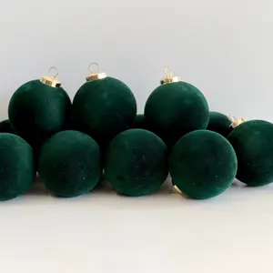 Flocked Christmas Ornaments: Emerald Green- 12 pcs 3,15" Boho Holiday Decor