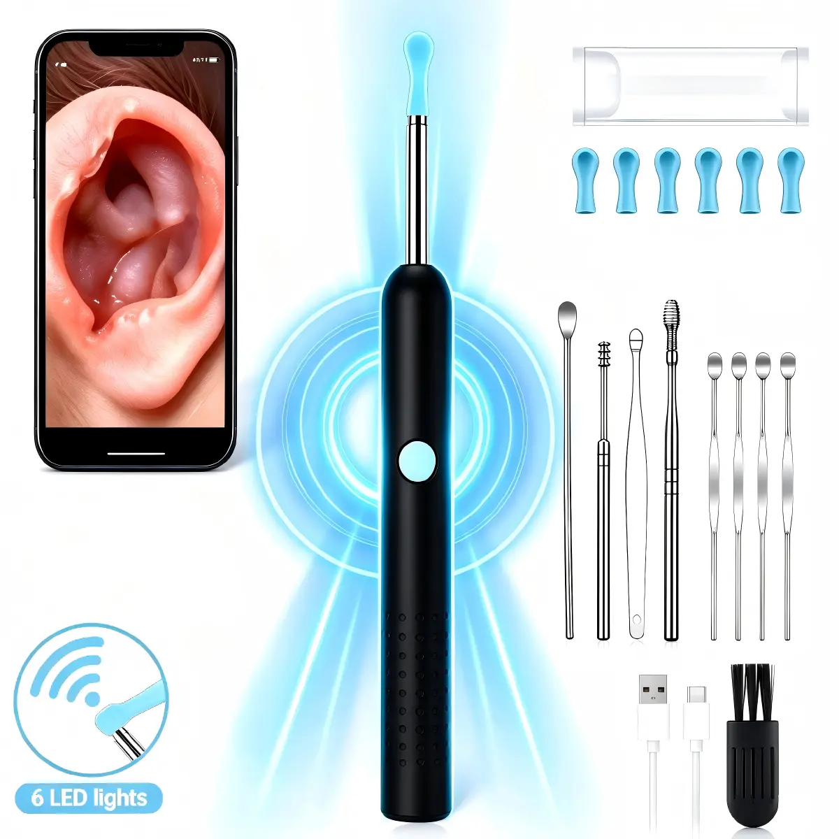 1080P HD Wireless Smart Ear Spoon Endoscope Pen, WiFi Visual, IP67 Washable Lens, Photo Recording, Connect Phone, Portable Tool for Family Use, Earwax Removal Device