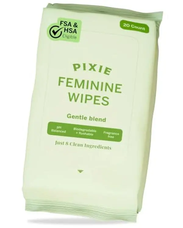 Pixie Feminine Wipes - On The Go Public Bathroom Wipes for Feminine Care - Safe On Period Cups & Menstrual Discs - Biodegradable, Flushable, pH Balanced & Unscented Menstrual Cup Wipes (20 Count)