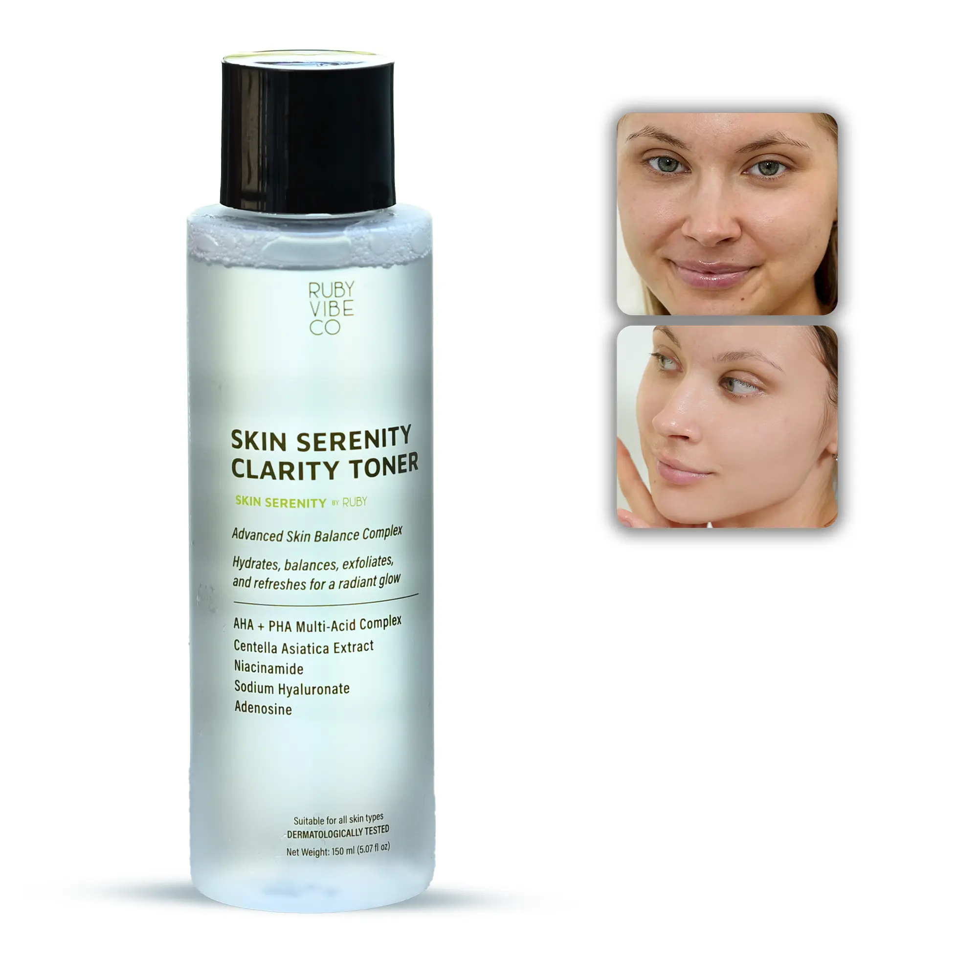 RUBY VIBE CO AHA Exfoliating Toner for Face, Hydrating Toner with Glycolic Acid, Lactic Acid & PHA, Korean Toner with Centella Asiatica & Niacinamide, Facial Toner for Sensitive Skin & Face, 5.07 fl oz (150 mL)