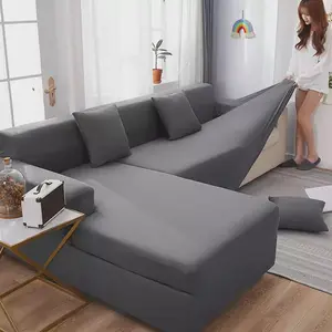 Living Room 1/2/3/4 Seater L-Sh Solid Elastic Sofa Cover