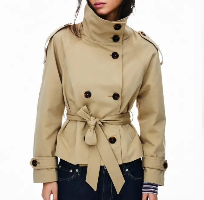 SeeLuNa Women's High-Neck Long-Sleeve Double-Breasted Belted Short Trench Coat, Chic Look Casual Fall-Winter Outerwear for Ladies with Included Belt Womenswear Jackets