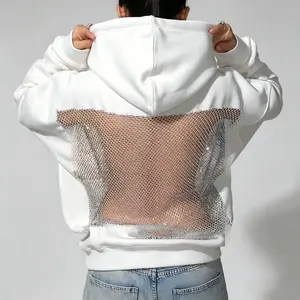 Women's Rhinestone Fishnet Backless Hoodie - Oversized Longsleeves Pullover Sweatshirt, Y2K Aesthetic Hollow-Out Mesh Detail Streetwear, Moisture-Wicking Sports Outerwear for Club & Street Style Womenswear