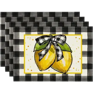 Buffalo Plaid Lemon Placemats for Dining Table, 12 x 18 Inch Summer Seasonal Decoration Rustic Washable Table Mats Set of 4