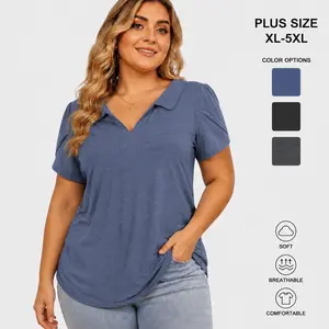 ROSRISS Women's Plus-Size Comfy Breathable Rayon Polo Blouse - Collared V-Neck, Petal Short Sleeves, Loose-Fitting Solid Fabric Shirts, Elegant Dressy Business Casual Tunic Top VPS0220, Feminine Summer Style for Outdoor Fun (Pair with Jeans)