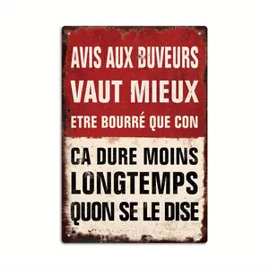 French Vintage Metal Sign, Classic Wall Hanging Multipurpose Plaque, "Avis Aux Buveurs" Humorous Quote, Decorative Art for Home, Bar, Pub, Farmhouse, No Electricity Needed, Durable Material