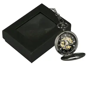 Mens Pocket Watch Mechanical Black Steampunk Skeleton Retro Chain Luxury Classic