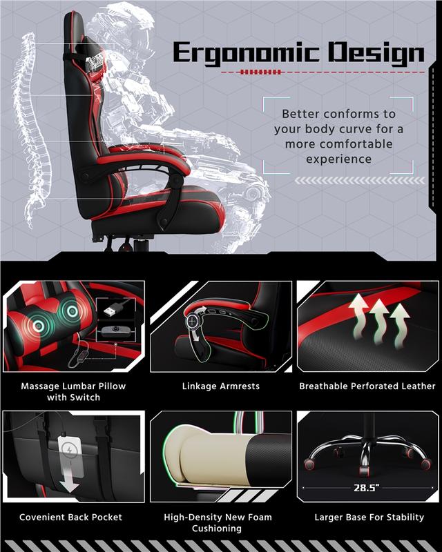 Costoffs Massage Function Gaming Chair  Ergonomic PU Leather Office Chair 90-135° Recline Swivel Height Adjustable with Headrest & Storage Pocket 300lbs Capacity