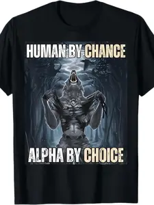 Men's Alpha Wolf Meme T Shirt with Hilarious Human by Choice Alpha by Nature Slogan and Wolf Pack Graphics Crafted from Breathable Quick Dry Fabric Ideal for Casual Spring Summer Fall Wear Perfect Gift for Wolf Enthusiasts
