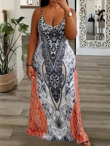 Women's Plus Size Printed Halter Maxi Dress, Casual Wear, Adjustable Strap, Sleeveless, Vacation Style, Free Spirit, All over Print