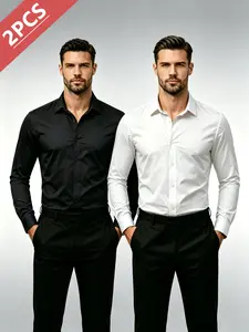 2-Pack Men’s Business Casual Slim Fit Long Sleeve Shirts – High Stretch, Wrinkle Resistant Dress Shirts, FathersDayGift
