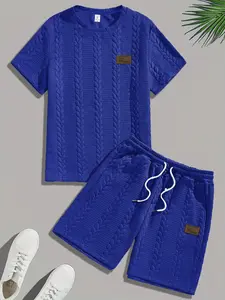 Men's Royal Blue Braided Texture Home Loungewear, Pajama 2-Piece Set - Crew Neck Short-Sleeve T-Shirt + Drawstring Waist Shorts, Ultra-Soft Breathable Fabric, Relaxed Fit, Ideal for Lazy Weekend Lounging, At-Home Light Work, Homewear