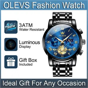 OLEVS 2859 Men's Sports Multifunctional Quartz Wristwatch, Roman Numeral Dial with Chronograph, 24-Hour Display & Luminous Hands, 3ATM Water Resistant Stainless Steel Bracelet Business Dress Watch, Ideal Birthday & Anniversary Gift for Men