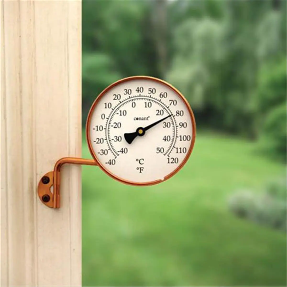 212 MAIN Conant Custom Brass Vermont Dial Thermometer - 4.25 in Round Face, Living Finish Solid Copper, Calibratable Dual Scale, Reversible Arm Wall Mount