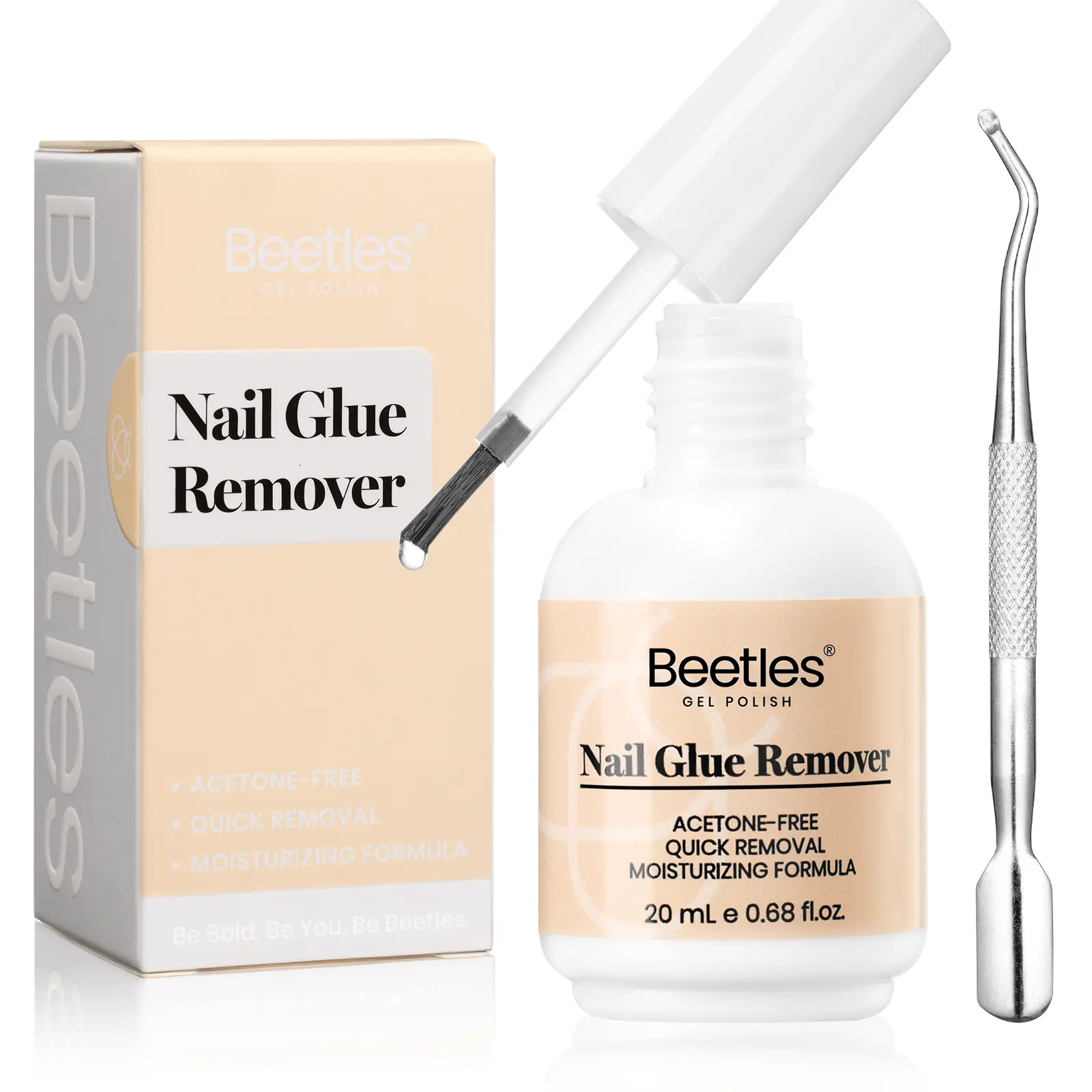 Beetles Nail Glue Remover Glue 20ml for False Nails, Press on Nails Glue Gentle Remover for Fake Nail Tips Acrylic Nail Adhesive Remover with Cuticle Pusher, Not for Uv Gel Glue or Gel Polish