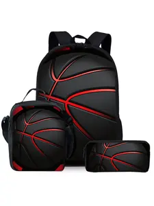 Three-piece set of red basketball pattern printed backpacks, including lunch bag, pencil case, and backpack