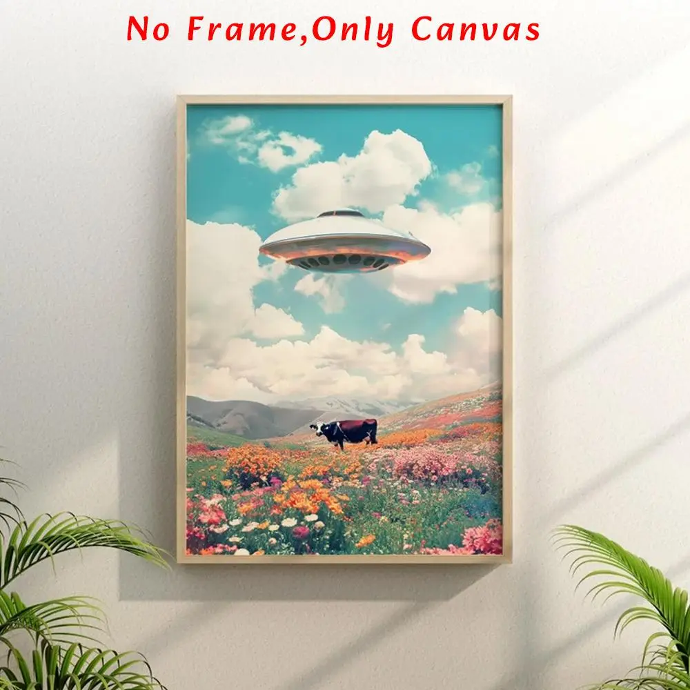 Ufo & Cow Pattern Unframed Artistic Painting, Unique Artwork, 1 Count Vintage Wall Art, Cool Wall Art, Vintage Design, Art Wall Decoration, Wall Decor for Home Living Room Bedroom, Home Decor, Ornaments, Decoration Items