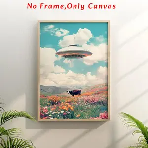 Ufo & Cow Pattern Unframed Artistic Painting, 1 Count Vintage Wall Art, Art Wall Decoration, Wall Decor for Home Living Room Bedroom, Home Decor, Ornaments