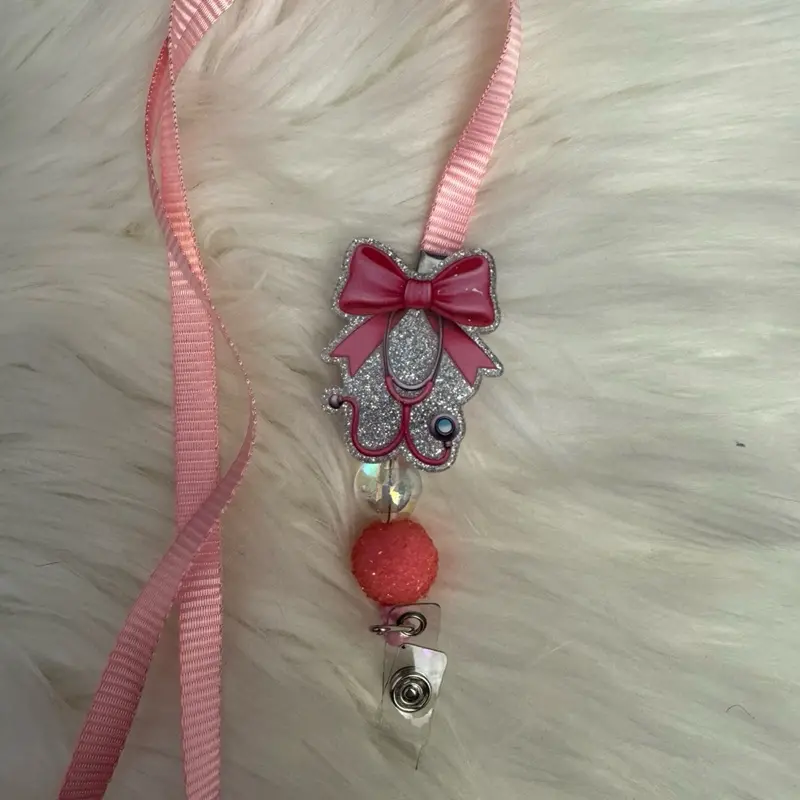 Stethoscope Bow Badge Reel Lanyard with Pink Ribbon and Glittery Bow Charm
