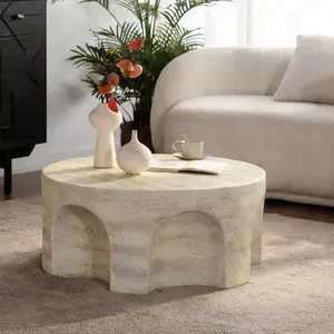 ARCH Modern Round Accent Coffee Table - Arched Cutout Base, Amber Marble-Look Magnesium Oxide, 31.5x31.5x13.8in Preassembled Circle Disc-Shaped Pedestal Table, Sturdy Freestanding for Living Room, Bedroom, Circle Coffee Tables, Disc-Shaped Coffee Tables