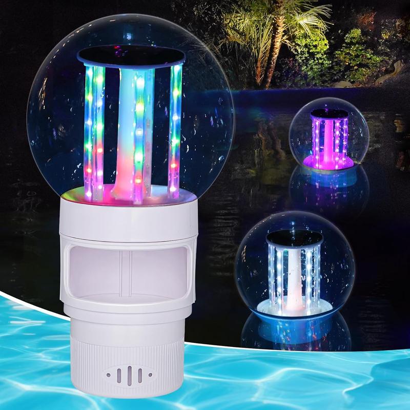 Solar Pool Chlorine Floater with Lights, Collapsible Chlorine Tablet Floater Fits Up to 4 Pieces 3 Inch Tabs, 9 Inch Adjustable Flow Floating Chlorines Dispenser for Pool Hot Tub Spa