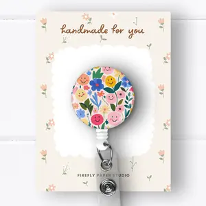 Happy Flowers Badge Reel, Retractable Badge Reel w/ Alligator Swivel Clip