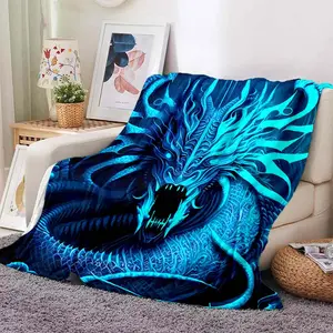 Blue Ice Dragon Digital Print Flannel Throw Blanket - Classic, Breathable, Soft, Lightweight Fleece Fabric, 1pc Multi-Size Travel-Ready Blanket for Sofa, Bed, Dragon Print Throws, Graphic Blanket Throws