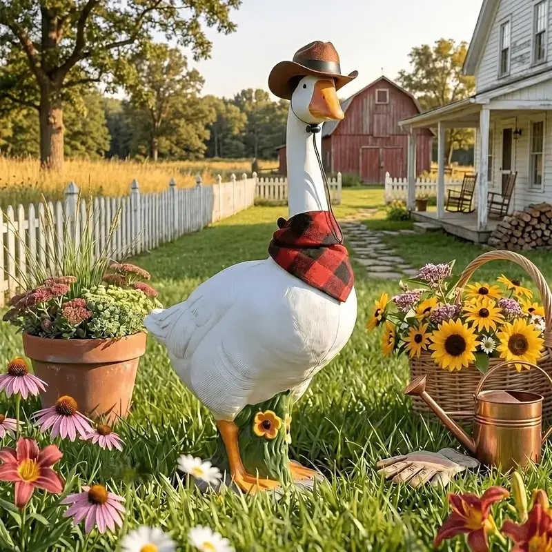 Adjustable 23" Resin Goose Statue for Porch & Garden – Realistic Hollow Design, Comes with Removable Cowboy Hat & Bandana, Stone-Look Weighted Base – Sand-Fillable for Windproof Outdoor Display