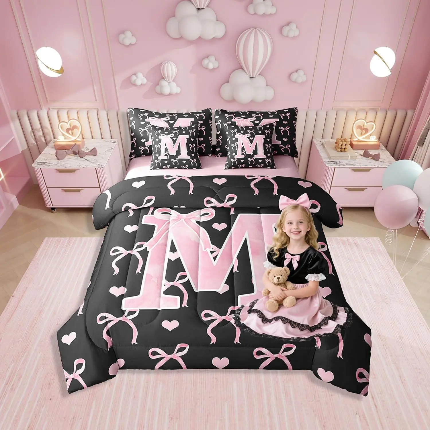 Initial Letter Bed Set with Sheets,Girls Black Pink Alphabet 7 Piece Bedding Set,Ombre Bow Cute Love Hearts Aesthetic Girly Fairy All Season Bed Bag