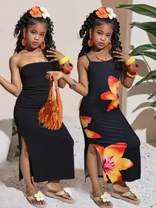 Adorable girl knit fabric solid and print sleeveless dress 2-piece set, elegant children's dress, casual and comfortable, slimming and figure-flattering, machine washable and dry-cleanable, Printed Dress, Flower Print Dress