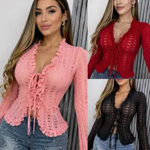 (7M1091-2) Women’s Lace Stretch Blouse – Long Sleeve Ruffle Tie Front Top