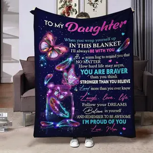 To My Daughter Themed Butterfly Pattern Flannel Blanket, Slogan Print Blanket, Air Conditioning Blanket, Soft Throw Blanket for Home Office Travel, Gift for Daughter From Mom
