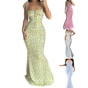 Women's Spaghetti Strap Dresses Drawstring Design Floral PrintFit Long Bodycon Dresses Perfect for Summer& Spring