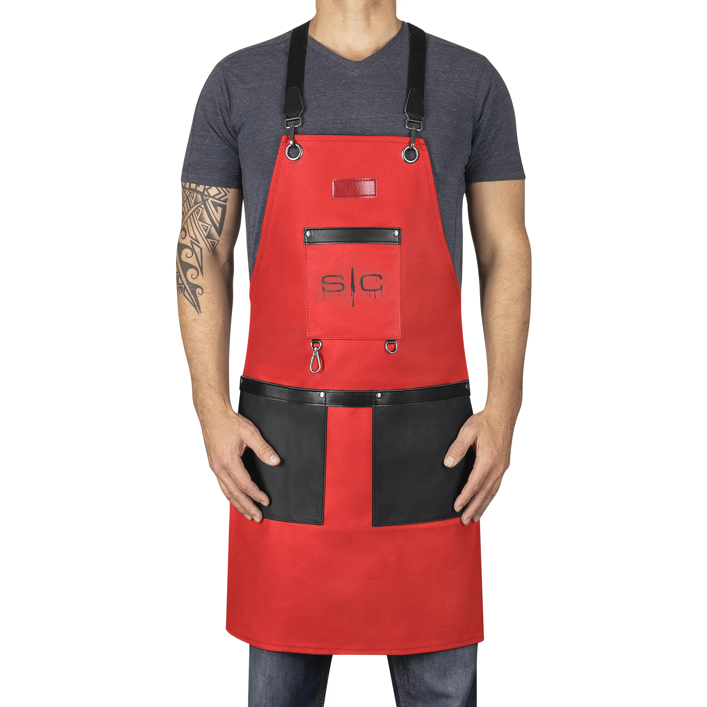 Waterproof Barber/Salon Apron with Crossback Strap in Red/Black Design Waterproof Barber/Salon Apron with Crossback Strap in Red/Black Design