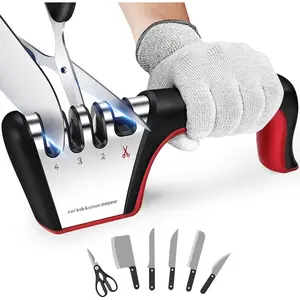 5-in-1  Sharpener 4 Stage with Cut-Resistant Glove,  Sharpens & Restores Dull , Easy & Safe for  Kitchen Use, Fits   and , Black+Red