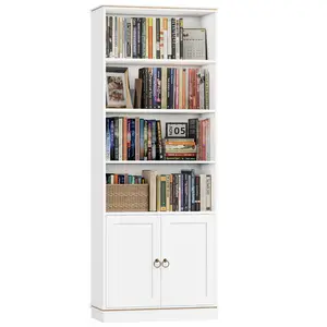 HOSTACK 71" Tall Book Shelf and Bookcase with Doors 6 Tier Wooden Bookshelf with Storage Cabinet White Farmhouse Bookshelves and Bookcases Free Standing Display Shelves for Home Office Living Room