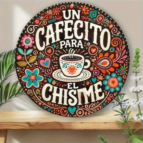 8x8、12×12inch Inch Vintage Round Metal Wall Art – Aluminum Coffee Sign with Spanish Phrase "Un Cafecito Para El Chisme"| Retro Kitchen, Café, Bar & Bedroom Decor| Vibrant Coffee Illustration| Unique Gift for Coffee Lovers