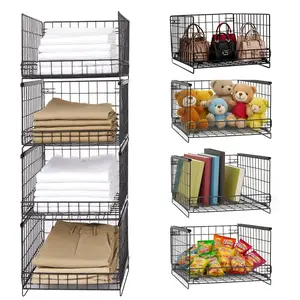 4 Tier Closet Organizers and Storage Basket Space Saving Stackable Clothes Storage Drawer Organizer Foldable Closet Shelf Organizer Black Decor