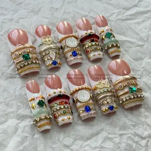 Handmade Press On Nails, Gold Bangle Jewelry 3D Vintage Clock Charms Luxury French Tip, MO883
