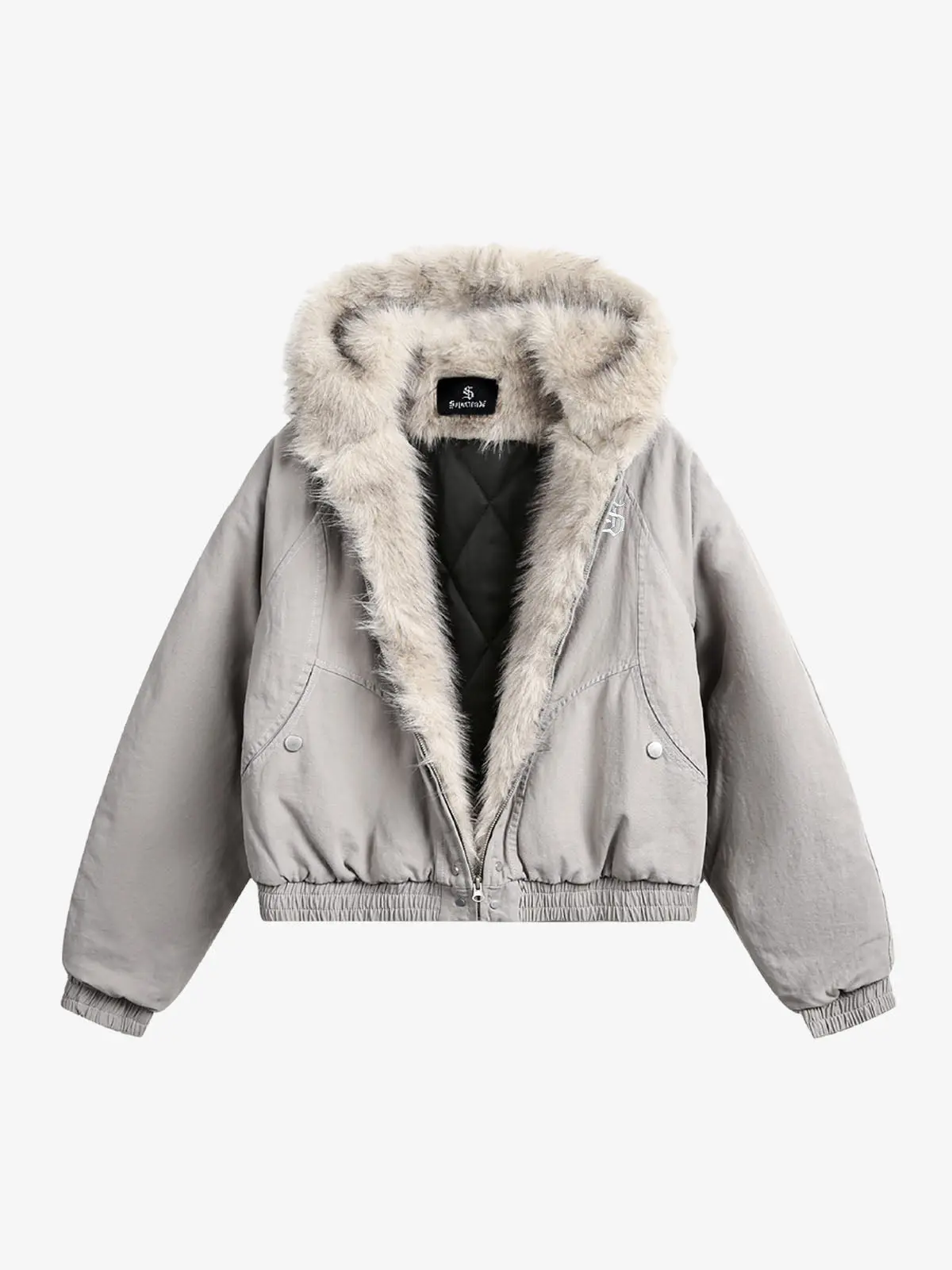Supermade Spliced Fur Hooded Quilted Jacket | Zippered Arm Pocket Ribbed Cuff Winter Streetwear Coat Men Women