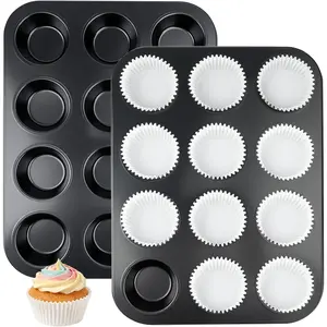 2 Pack 12-Cup Muffin Tin for Baking with 120 Cupcake Liners, Nonstick Heavy Duty Carbon Steel Cupcake Tins, Scratch Resistant Baking Pans Set for Family & Party
