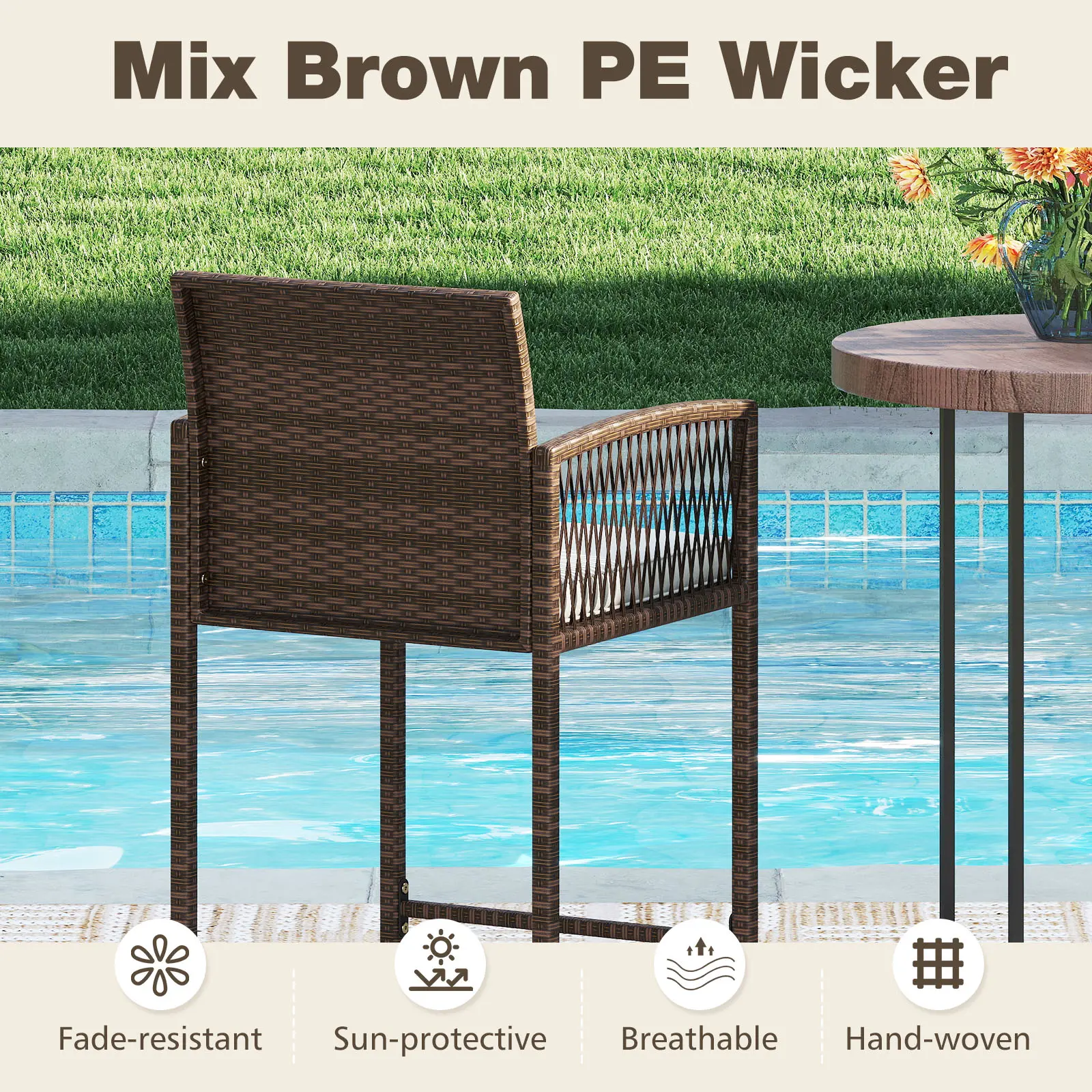 COSTWAY - Outdoor PE Wicker Bar Stools Set of 2 Patio Bar Height Chairs with Cushions-White