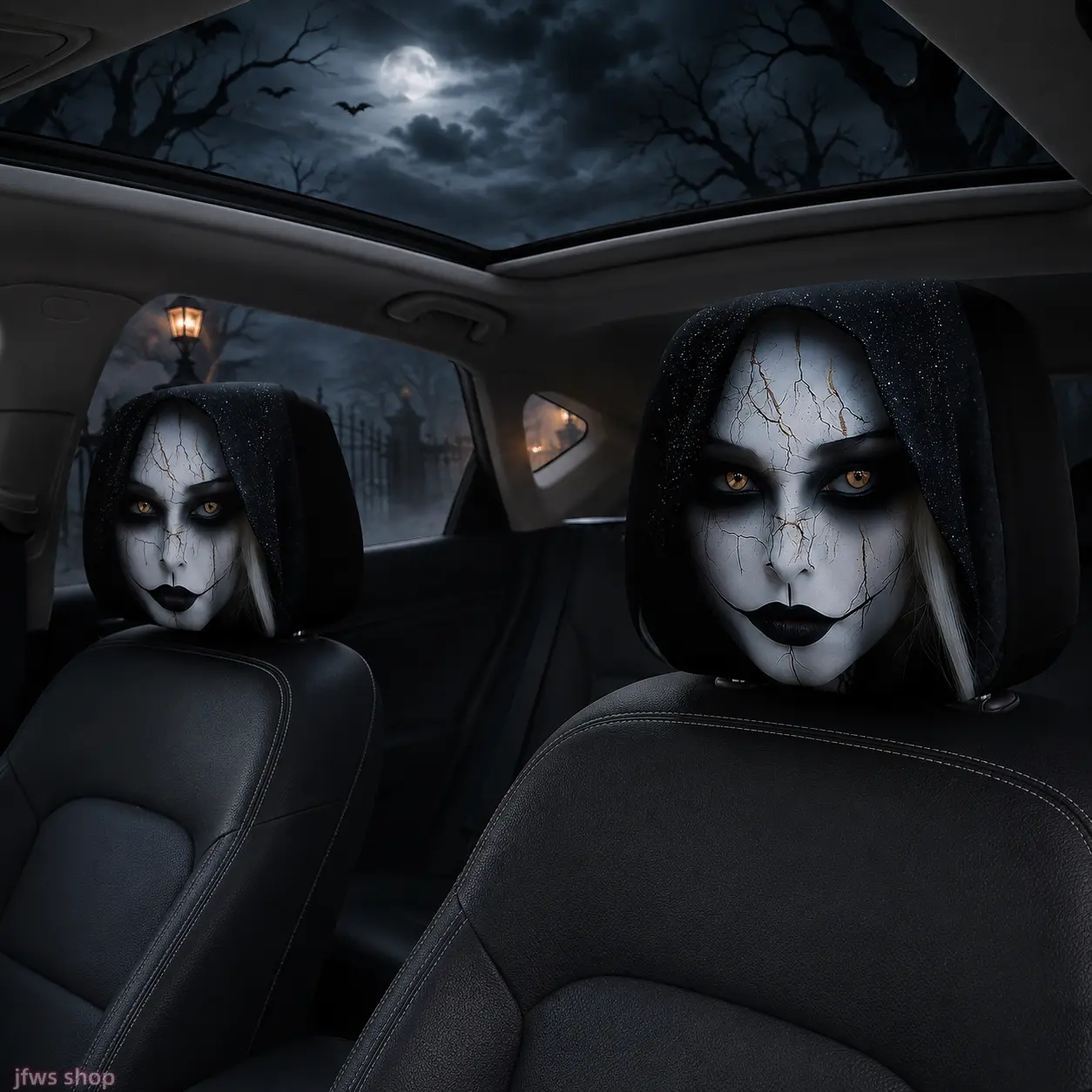 2026 New Double-Sided Printed Horror Woman Face Car Headrest Covers, Elastic Universal-Fit Creepy Ghostly Halloween Prank Auto Interior Accessory for Daily Driving (Bag Accessory for Luggage & Bags DIY Use)