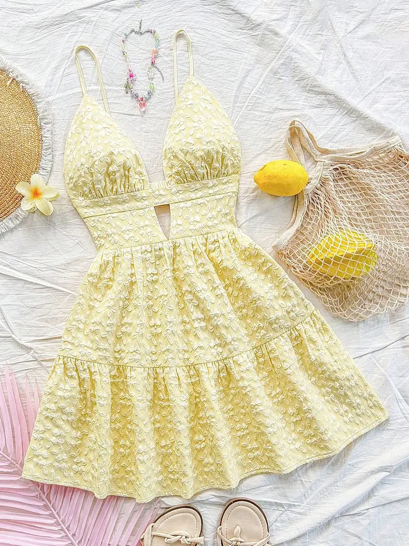 This  Floral Textured Dress is Summer Vacation Vibes Deep V Cutout Tiered Mini Dress Valentine's Day