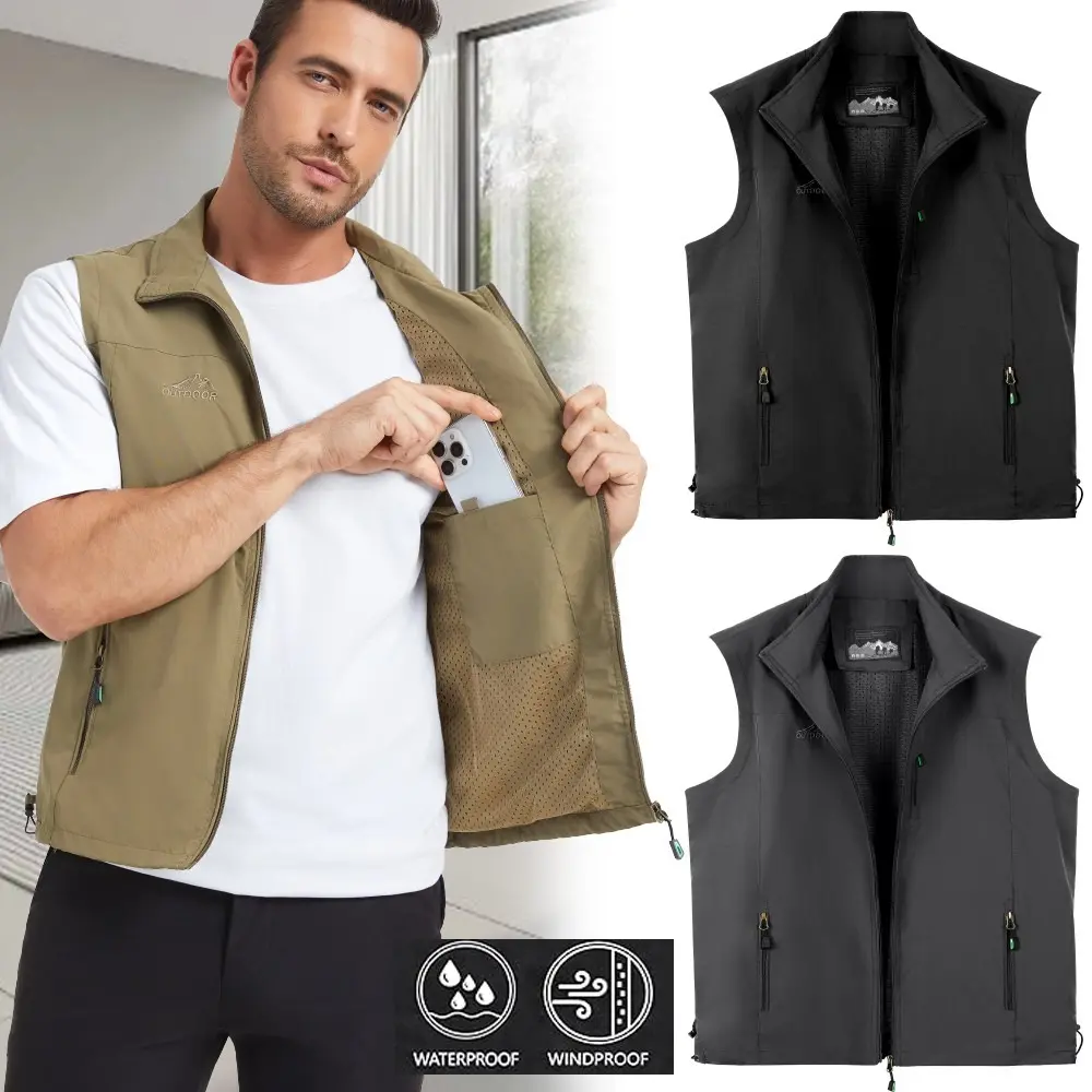 Men's Windproof Full-Zip Sleeveless Soft Shell Vest - Breathable, Elastic, Lightweight Nylon Tops with Pockets, Stretch Hem, Mesh Fabric Outerwear for Sports, Golf, Athletic Sports Clothes Layer