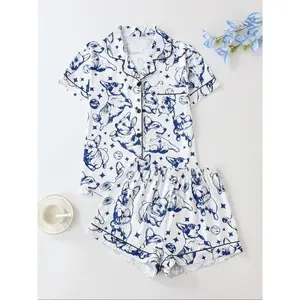 Women's Cute Corgi Print Short Sleeve Pajama Set, Elegant Button Front Chest Pocket Design Lapel Neck Top & Elastic Waist Shorts PJ Set, Ladies Sleepwear, Womenswear