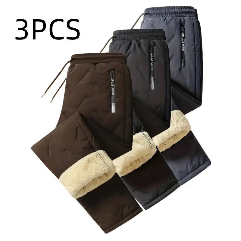 Men's 3-Piece Soft Fleece Trousers, Warm Outdoor Joggers Set with Zipper Pockets and Drawstring, Menswear, 3-Pieces, Solid Colors, Male, Three Pieces