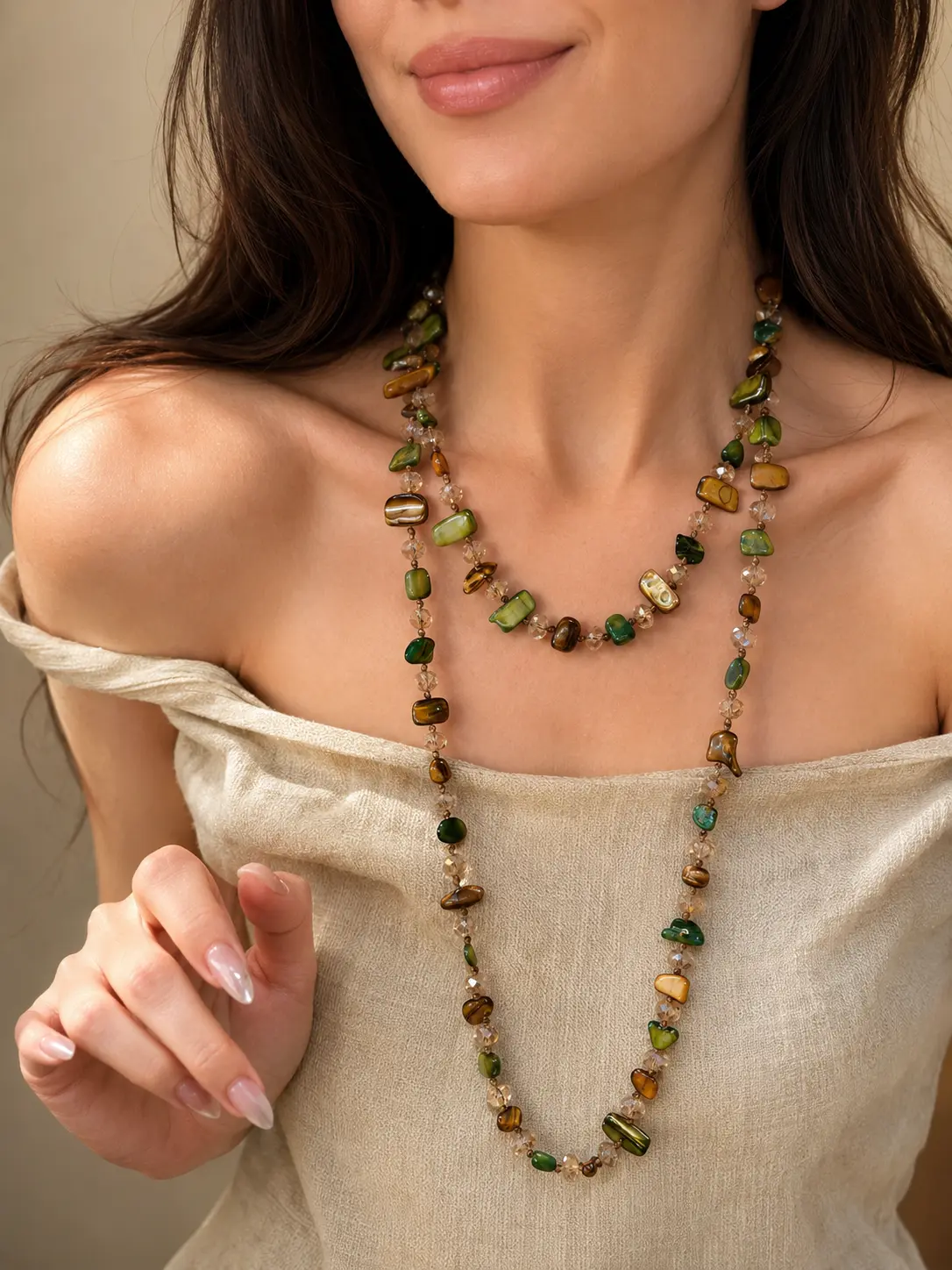 Shell Inspired Layered Necklace for Women, Long Beaded Statement Necklace, Boho Summer Jewelry, Green & Brown Natural Tone Necklace for Beach Vacation Outfit