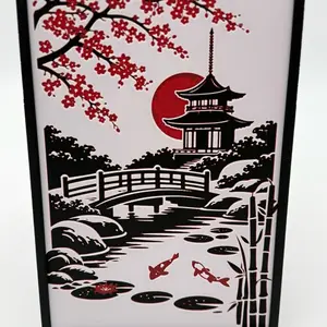 home Japanese Zen Garden Hueforge Style Wall Art with Pagoda Bridge and Koi Fish Design for Decor